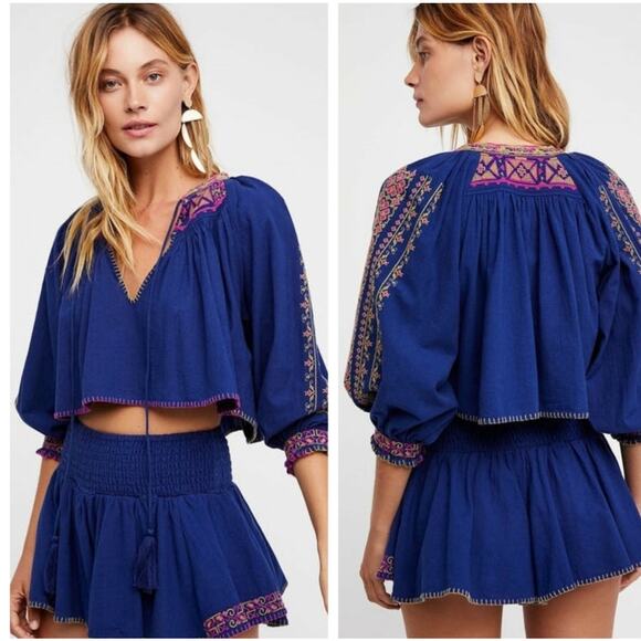 Free People Boho Cropped Embroidered V-Neck Top in Blue Multi Size Medium - Picture 12 of 12